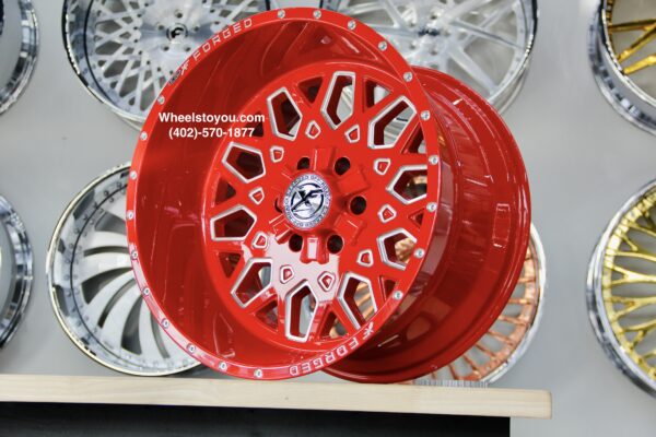 New Set (4) 20x12" XF Forged Red & Milled Floating Cap 6x135mm 6x139.7mm aka 6x5.5" -44 Offset Deep Dish Wheels Chevy Ford Dodge 6 lug Trucks