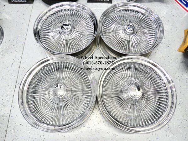 24" 208 Spoke Chrome Standard Rear Wheel Drive Knockoff Wire Wheels Set of Four (4) COMPLETE WITH HARDWARE