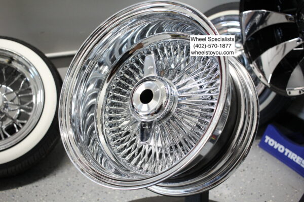 New Set (4) 13x5.5" 100 Spoke All Chrome Deep Dish Reverse knockoff Lowrider Style Wire Wheels with Spinners