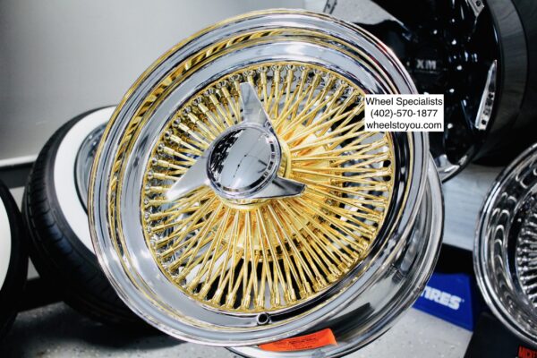 New Set (4) Gold And Chrome 15x7" 100 Spoke Standard Rear Wheel Drive Wire Wheels Complete Set of four (4)