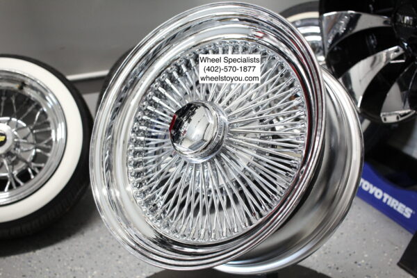 New 15x7" All Chrome 100 Spoke Standard Dish Triple Chrome True knockoff Wire Wheels Classic Style Complete Set of four (4)