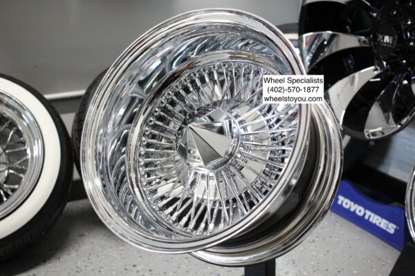 New 13x7" 72 Spoke Straight Lace All Chrome Deep Dish Reverse Knockoff Lowrider Wire Wheels Complete Set (4)