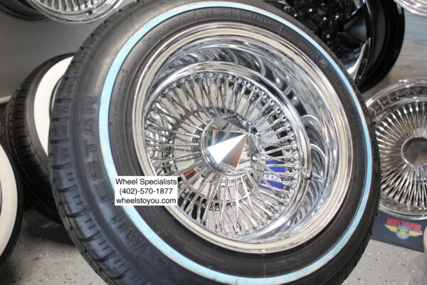 New 13x7" All Chrome 72 Spoke Straight lace True Knockoff Wire Wheels with 155 80 13 Whitewall Tires Complete Package Set of four (4) Lowrider