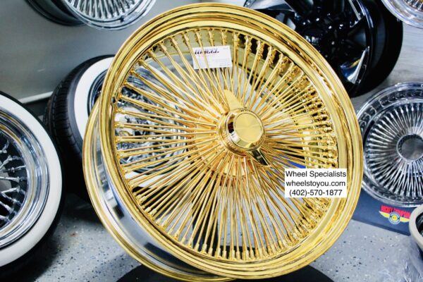 Single (1) 22x8" New All GOLD 150 Spoke Standard Lace True Knockoff Wire Wheel *NO HARDWARE JUST WHEEL*