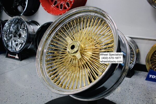 New Single (1) 22x8" Gold Center and Chrome Dish 150 Spoke True Knockoff Wire Wheel (NO Hardware)