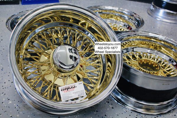 New 13x7" 24kt Gold and Chrome 72 Spoke Cross Lace True Knockoff Wire Wheels Complete Set of four (4) with Hex Hardware