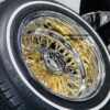 New 13x7" 24kt Gold back and Chrome Lip 72 Spoke Cross Lace Wire Spoke Wheel & Whitewall Lowrider Tire Knockoff Package Complete Set (4) with Chrome Sharkfin Hardware - Image 3