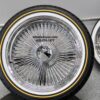 New 17x8" All Chrome 100 Spoke Standard Dish Triple Chrome True knockoff Wire Wheels SET WITH VOGUE 215-55-17 WHITEWALL YELLOW GOLD STRIPE TIRES Classic Style Complete Set of four (4) - Image 2