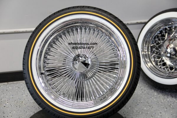 New Set (5) 20" Chrome 150 Spoke Wire Wheels and Vogue Whitewall Yellow Gold Stripe Tire Package Complete with Choice of Caps Hardware Install Kit Classic Cadillac Fitment