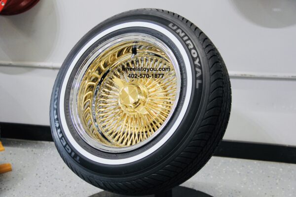 New 14" 100 Spoke 24kt Gold and Chrome Deep Dish Lowrider Wire Wheels & Whitewall Tires Complete set of four (4) with 2 Wing Gold Hardware