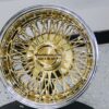 New 13x7 Inch Deep Dish 72 Spoke Cross Lace 24kt Gold Center True Knockoff Wire Wheels Complete Set 4 with Gold 2 Wing Sharkfin Hardware - Image 5