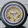 New 13x7" 24kt Gold back and Chrome Lip 72 Spoke Cross Lace Wire Spoke Wheel & Whitewall Lowrider Tire Knockoff Package Complete Set (4) with Chrome Sharkfin Hardware - Image 5