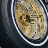 New 14" 100 Spoke 24kt Gold and Chrome Deep Dish Lowrider Wire Wheels & Whitewall Tires Complete set of four (4) with 2 Wing Gold Hardware - Image 2