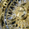 New 13x7 Inch Deep Dish 72 Spoke Cross Lace 24kt Gold Center True Knockoff Wire Wheels Complete Set 4 with Gold 2 Wing Sharkfin Hardware - Image 6