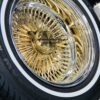 New 14" 100 Spoke 24kt Gold and Chrome Deep Dish Lowrider Wire Wheels & Whitewall Tires Complete set of four (4) with 2 Wing Gold Hardware - Image 3