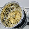 New 13x7 Inch Deep Dish 72 Spoke Cross Lace 24kt Gold Center True Knockoff Wire Wheels Complete Set 4 with Gold 2 Wing Sharkfin Hardware - Image 7