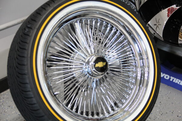 New 20" Chevrolet Chrome Knockoff Wire Wheel Set With Genuine Vogue Whitewall / Yellow Stripe Tires Complete Set (4) with Hardware