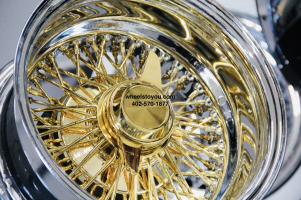 New 13x7 Inch Deep Dish 72 Spoke Cross Lace 24kt Gold Center True Knockoff Wire Wheels Complete Set 4 with Gold 2 Wing Sharkfin Hardware