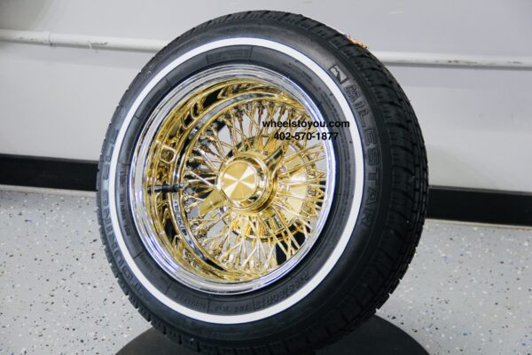 New 13" 24kt Gold & Chrome Deep Dish Cross Lace True Knockoff Wire Wheels and Whitewall Tire Package Complete set (4) ready to install