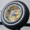 New 13x7" 24kt Gold back and Chrome Lip 72 Spoke Cross Lace Wire Spoke Wheel & Whitewall Lowrider Tire Knockoff Package Complete Set (4) with Chrome Sharkfin Hardware - Image 7