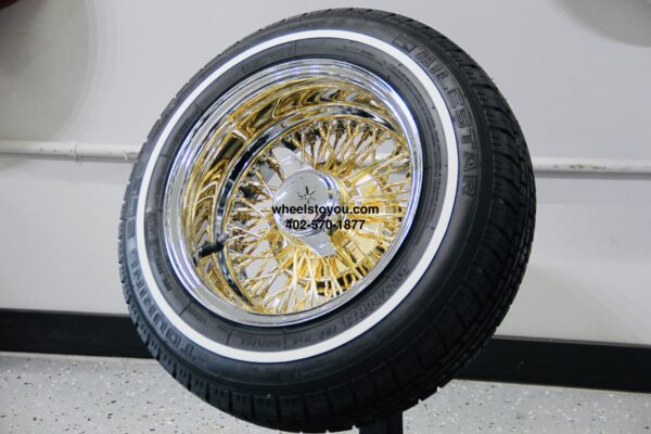 New 13x7" 24kt Gold back and Chrome Lip 72 Spoke Cross Lace Wire Spoke Wheel & Whitewall Lowrider Tire Knockoff Package Complete Set (4) with Chrome Sharkfin Hardware