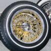 New 13x7" 24kt Gold back and Chrome Lip 72 Spoke Cross Lace Wire Spoke Wheel & Whitewall Lowrider Tire Knockoff Package Complete Set (4) with Chrome Sharkfin Hardware - Image 4