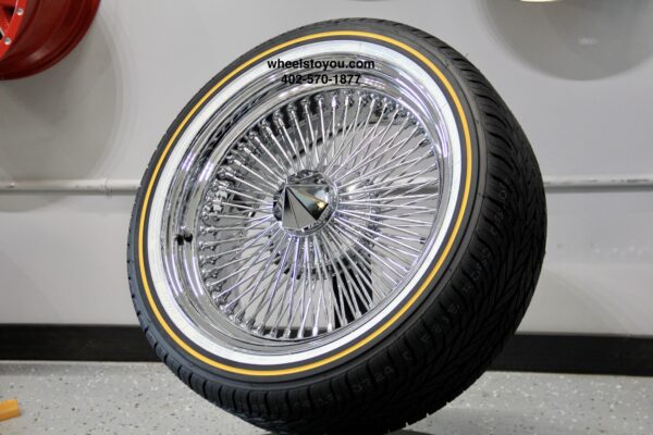 New 17x8" All Chrome 100 Spoke Standard Dish Triple Chrome True knockoff Wire Wheels SET WITH VOGUE 215-55-17 WHITEWALL YELLOW GOLD STRIPE TIRES Classic Style Complete Set of four (4)