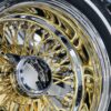 New 13x7" 24kt Gold back and Chrome Lip 72 Spoke Cross Lace Wire Spoke Wheel & Whitewall Lowrider Tire Knockoff Package Complete Set (4) with Chrome Sharkfin Hardware - Image 2