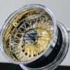 New 13x7" Deep Dish 24kt Gold and Chrome Cross Lace 72 Spoke Wire Spoke Wheels True Knockoff Lowrider Set (4) with Bullet Hardware - Image 8