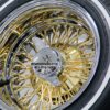 New 13x7" 24kt Gold back and Chrome Lip 72 Spoke Cross Lace Wire Spoke Wheel & Whitewall Lowrider Tire Knockoff Package Complete Set (4) with Chrome Sharkfin Hardware - Image 6