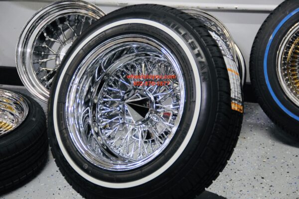 New Set (4) 14x7" 72 Spoke Cross Lace All Chrome Deep Dish Lowrider Wire Wheels and Whitewall Tires Set (4) complete with hardware