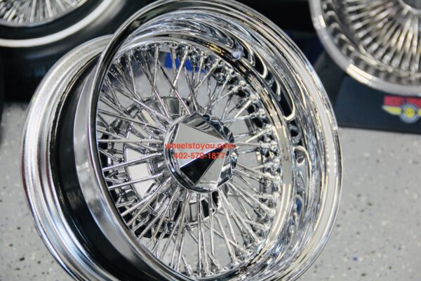 New 14x7" Deep Dish 72 Spoke Cross Lace Chrome Lowrider Knockoff Wire Wheels Set of four (4) with Hardware