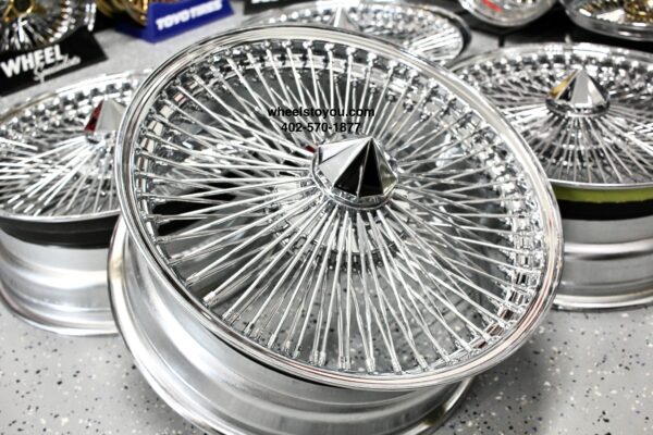 New 18x8" Front Wheel Drive All Chrome 100 Spoke knockoff Wire Wheel Set (4) Complete with Installation Hardware