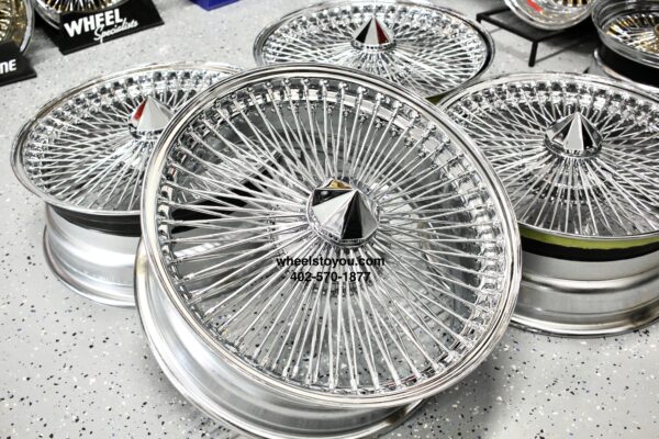 New 20x8" Front Wheel Drive All Chrome 150 Spoke Knockoff Wire Wheels Complete Set of four (4) with Installation Hardware