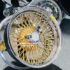 New 17x9" Genuine Dayton Brand Stamped & Serialized 24kt Gold & Chrome 100 Spoke Triple Cross Lace One Of A Kind Standard Dish knockoff Wire Wheels Set (4) - Image 10