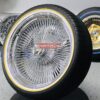 New 22" Chrome 150 Spoke knockoff Wire Wheels and Vogue Tire Package Whitewall / Yellow Stripe 265-35-22 Complete Set with Hardware - Image 9