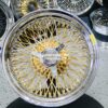 New 17x9" Genuine Dayton Brand Stamped & Serialized 24kt Gold & Chrome 100 Spoke Triple Cross Lace One Of A Kind Standard Dish knockoff Wire Wheels Set (4) - Image 6