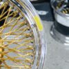 New 17x9" Genuine Dayton Brand Stamped & Serialized 24kt Gold & Chrome 100 Spoke Triple Cross Lace One Of A Kind Standard Dish knockoff Wire Wheels Set (4) - Image 5