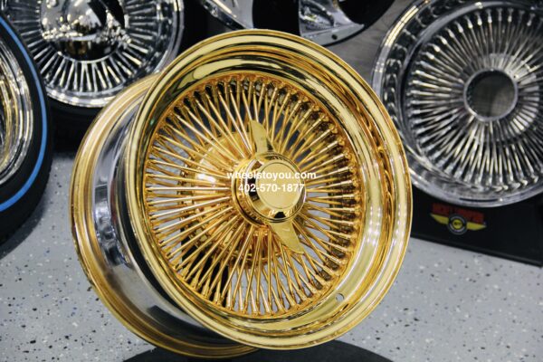 New Set (4) 15 X 7" 100 SPOKE 24KT ALL GOLD WIRE WHEELS STANDARD FIT COMPLETE SET (4) With Hardware