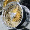 New 17x9" Genuine Dayton Brand Stamped & Serialized 24kt Gold & Chrome 100 Spoke Triple Cross Lace One Of A Kind Standard Dish knockoff Wire Wheels Set (4) - Image 2