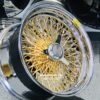 New 17x9" Genuine Dayton Brand Stamped & Serialized 24kt Gold & Chrome 100 Spoke Triple Cross Lace One Of A Kind Standard Dish knockoff Wire Wheels Set (4) - Image 11