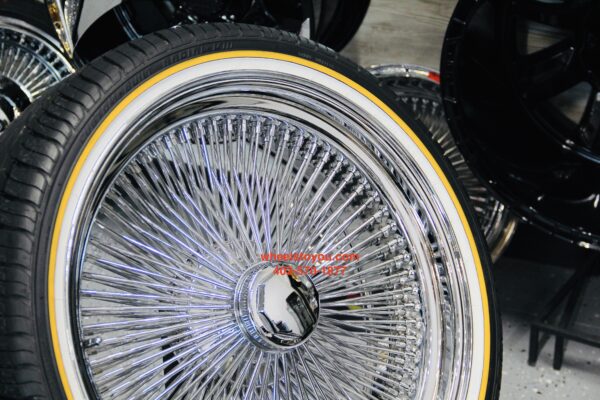 New 22" Chrome 150 Spoke knockoff Wire Wheels and Vogue Tire Package Whitewall / Yellow Stripe 265-35-22 Complete Set with Hardware