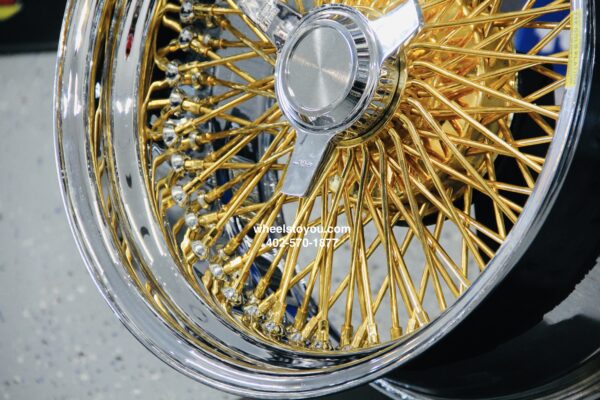 New 17x9" Genuine Dayton Brand Stamped & Serialized 24kt Gold & Chrome 100 Spoke Triple Cross Lace One Of A Kind Standard Dish knockoff Wire Wheels Set (4)