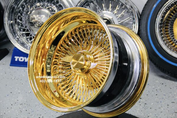 New 15 x 10 DEEP DISH ALL 24kt GOLD 100 SPOKE KNOCKOFF WIRE WHEELS SET (4) COMPLETE WITH 2 WING HARDWARE