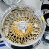 New 17x9" Genuine Dayton Brand Stamped & Serialized 24kt Gold & Chrome 100 Spoke Triple Cross Lace One Of A Kind Standard Dish knockoff Wire Wheels Set (4) - Image 7