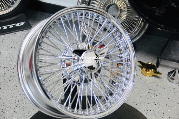 New 17 X 7" Bead Lace High Offset 72 Spoke Chrome Cross Lace Knockoff Front Wheel Drive Wire Wheels Complete set of four (4) with 3 wing Hardware