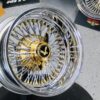 New 15x7" Deep Dish 72 Spoke Double Cross Lace 24kt TRIPLE GOLD & Chrome True Knockoff Wire Wheels Complete Set with 2 Wing Hardware - Image 3