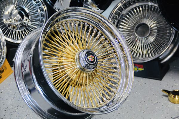 New 20" Cadillac 24kt GOLD & Chrome 100 Spoke Standard Dish True knockoff Wire Wheels Classic Style Complete Set of four (4) With Hardware