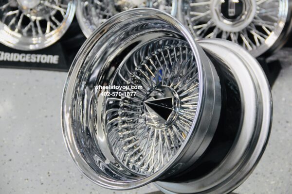 New 15 x 10 DEEP DISH ALL CHROME 100 SPOKE KNOCKOFF WIRE WHEELS SET (4) COMPLETE WITH BULLET HARDWARE