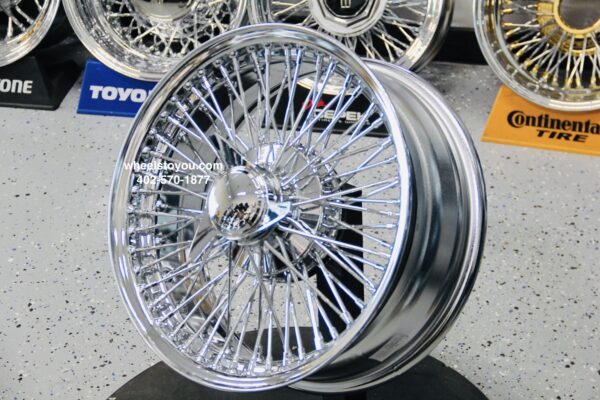 New 16 X 7" Bead Lace High Offset 72 Spoke Chrome Cross Lace Knockoff Front Wheel Drive Wire Wheels Complete set of four (4) with 3 wing Hardware